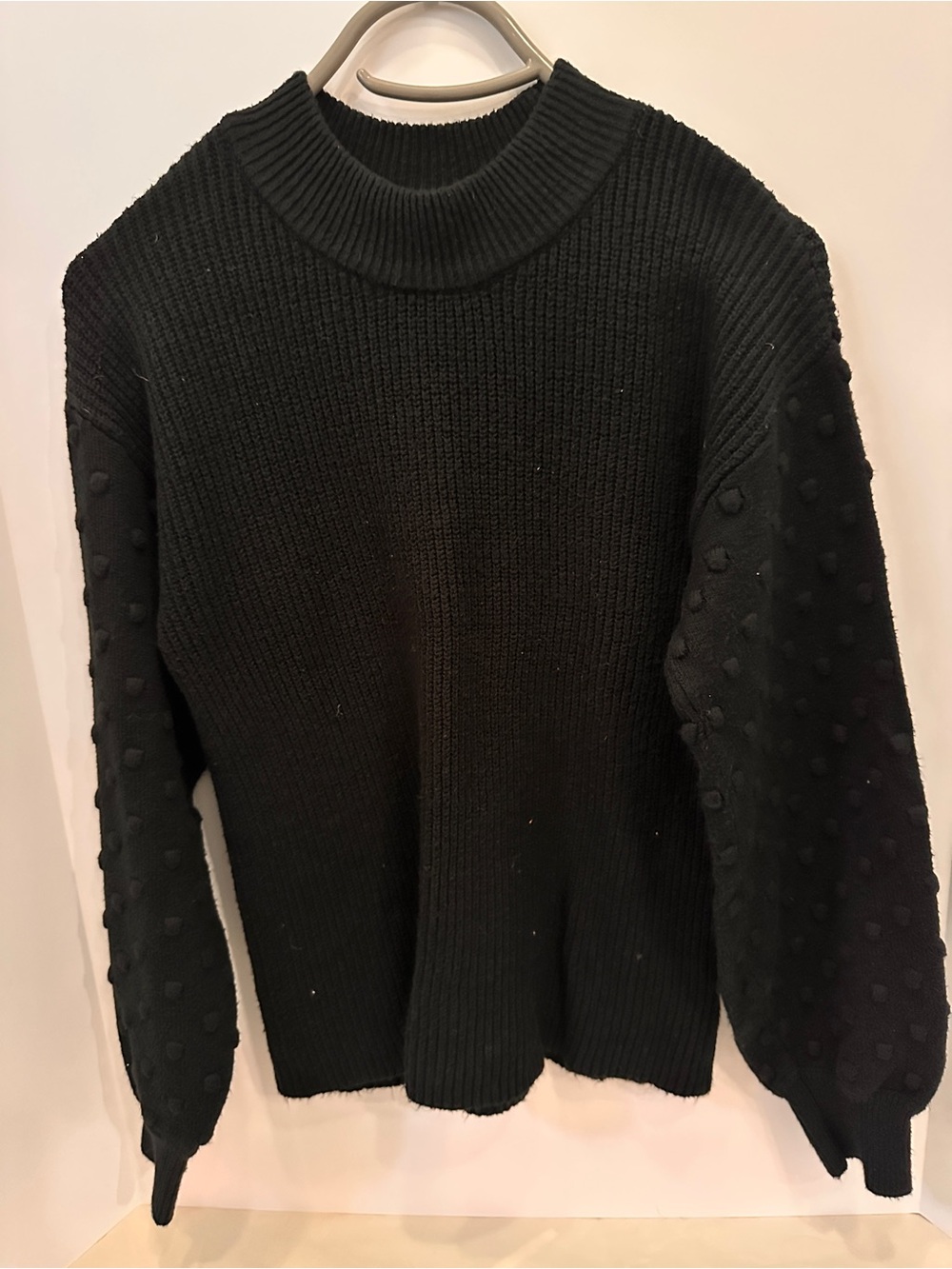 Vince Camuto Black Ribbed Cowl-Neck Sweater with Textured Dot Sleeves